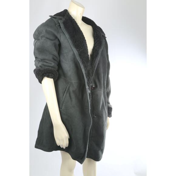 Vintage Dark Green Shearling Suede Coat Warm Winter Leather Trim Jacket Size M - Picture 15 of 16